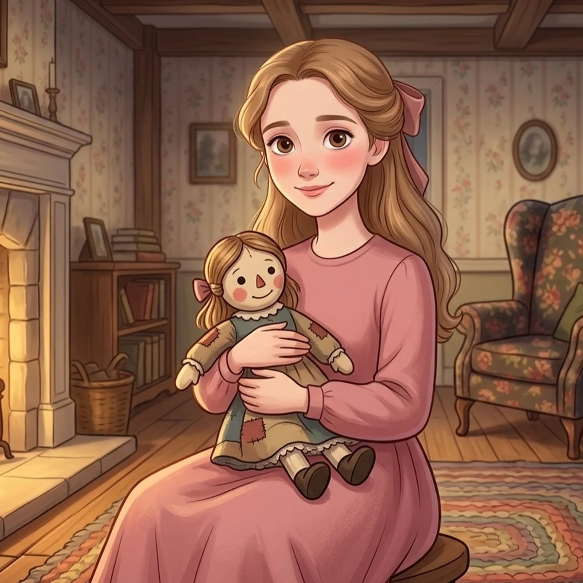 Beth March in a pink dress, hugging a rag doll by the fire