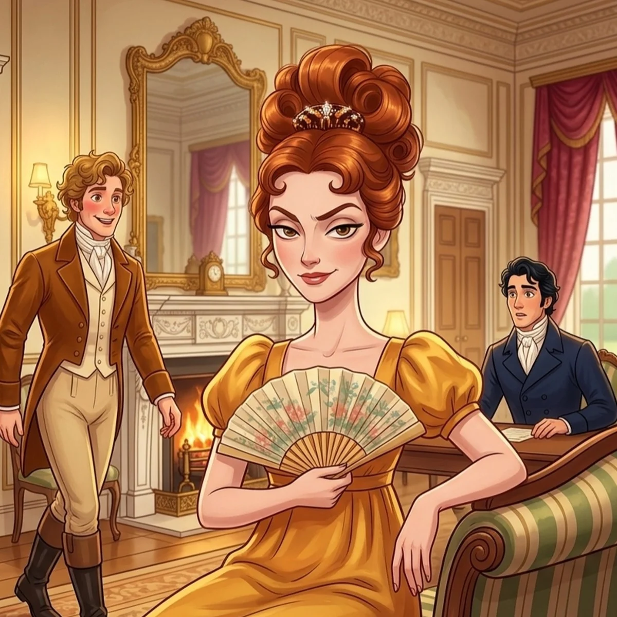 Caroline Bingley in a golden gown, holding a fan by the fireplace