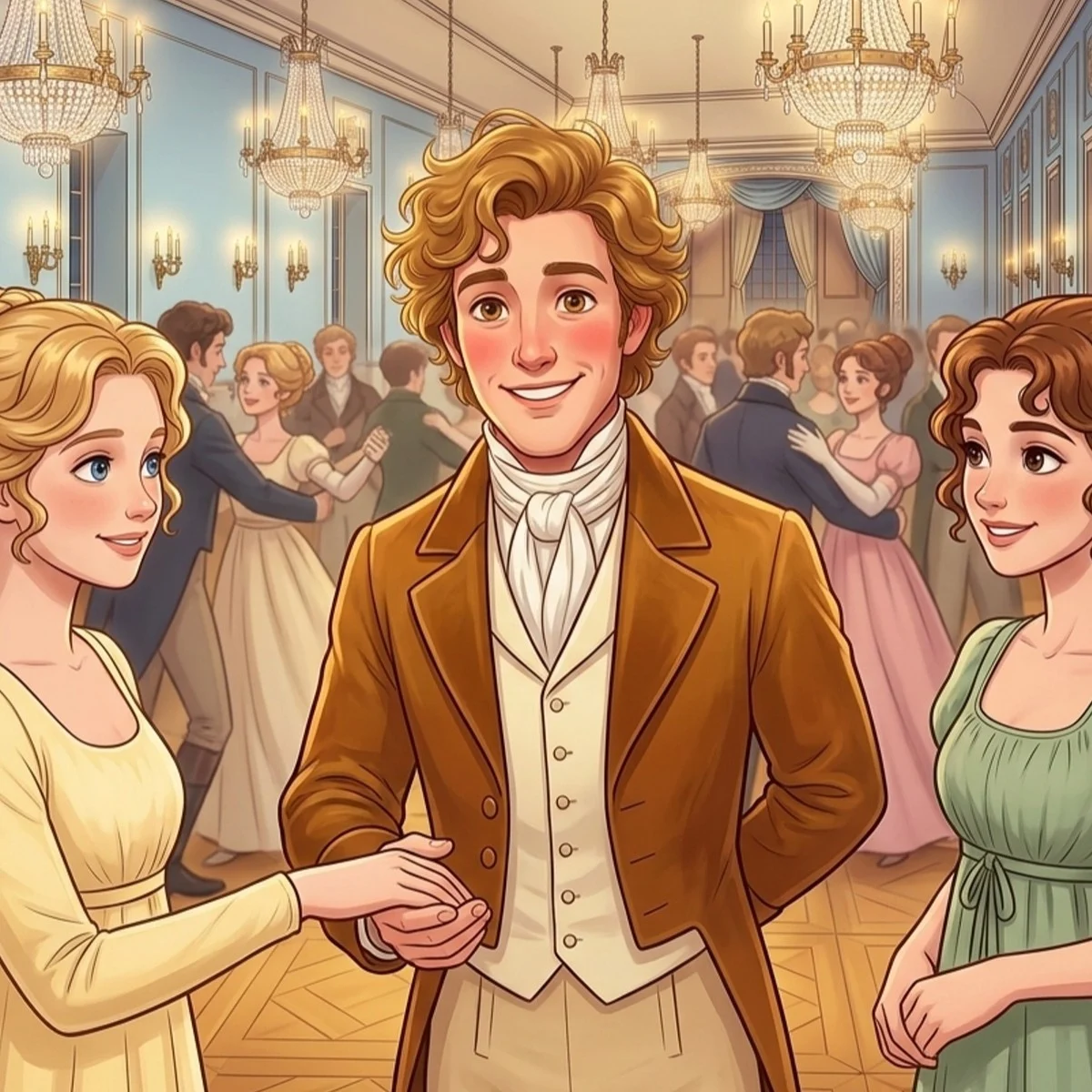 Mr. Bingley smiling at the ball between Jane and Elizabeth