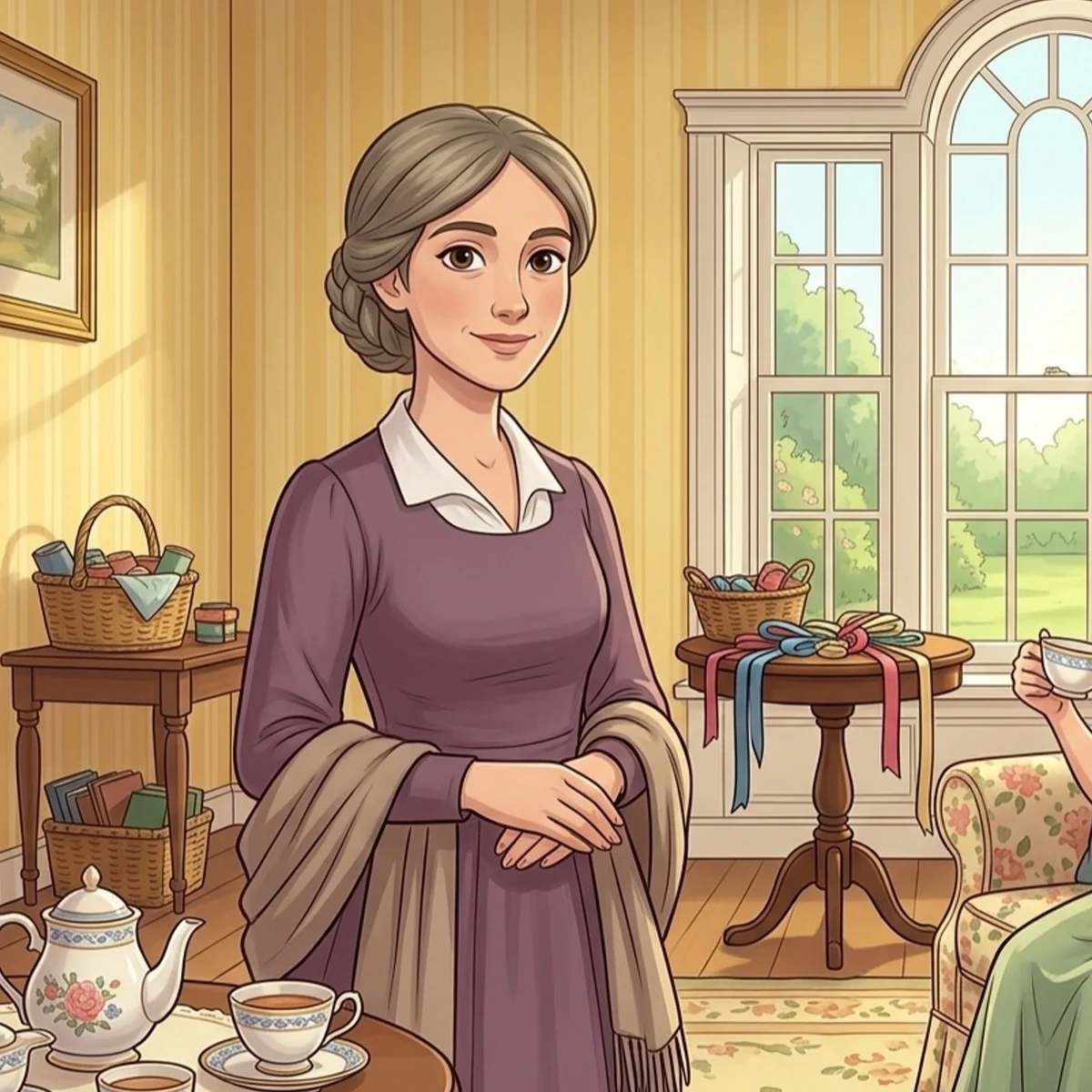 Charlotte Lucas in a purple dress and shawl in the parlor