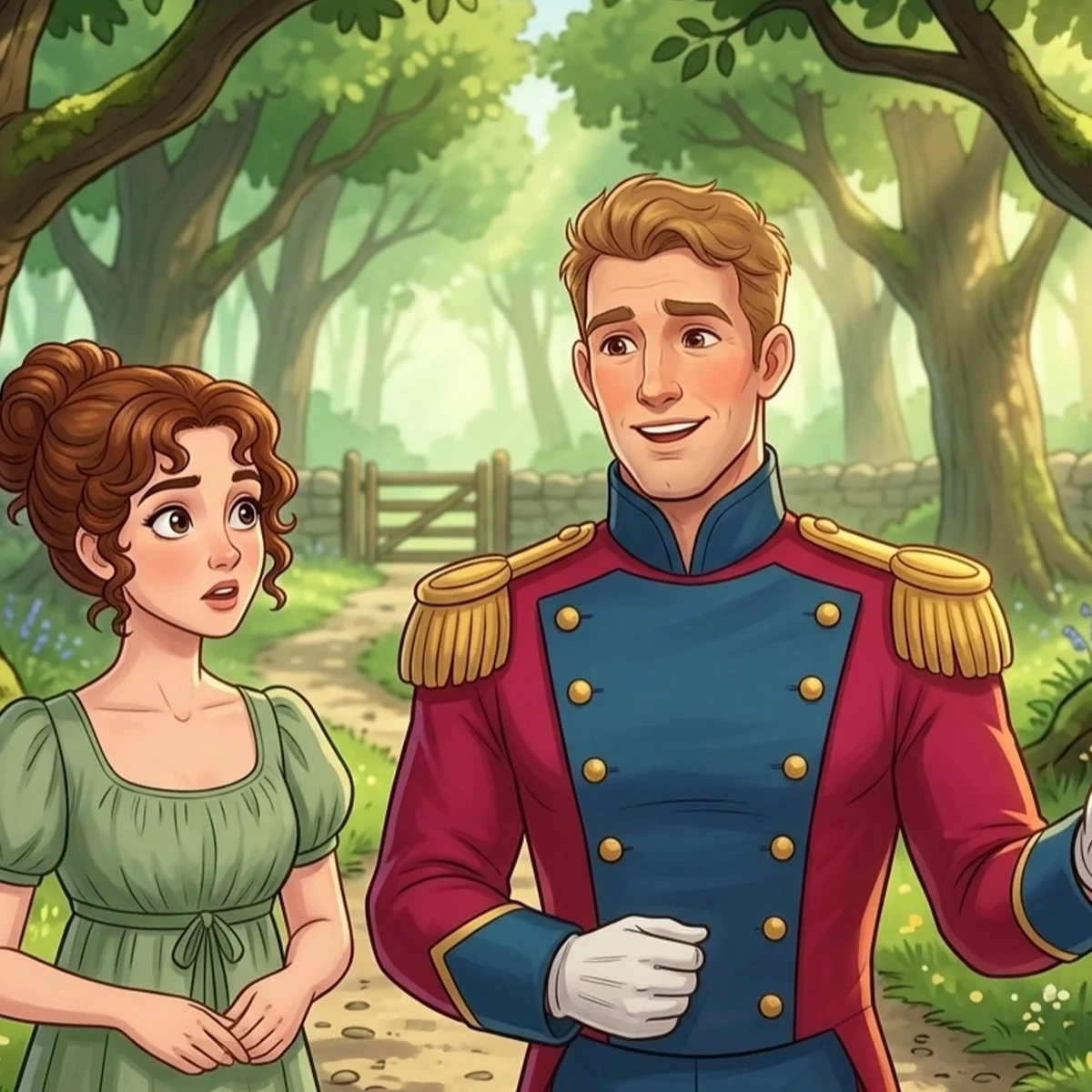 Colonel Fitzwilliam in his uniform, chatting with Elizabeth in the woods