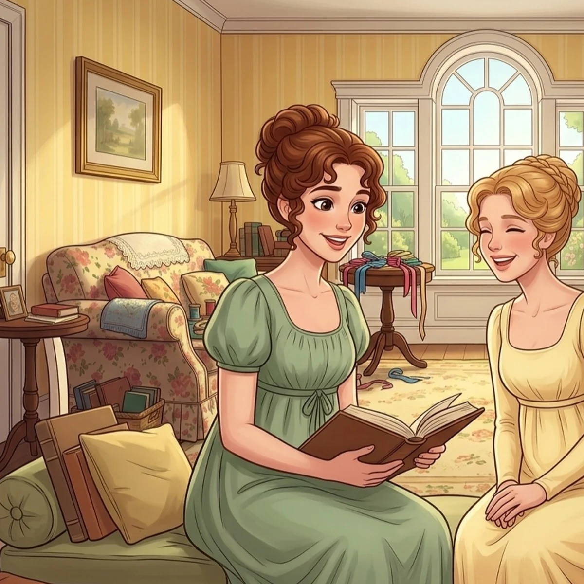 Elizabeth Bennet in a green dress, reading with Jane in the parlor