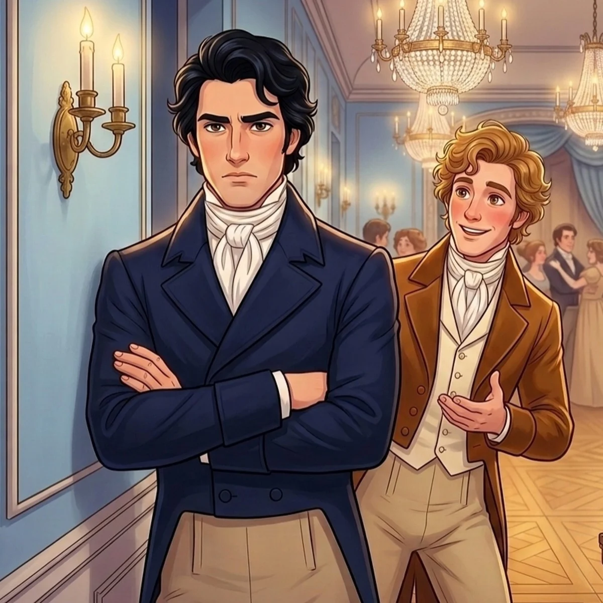 Mr. Darcy standing with his arms folded at the ball