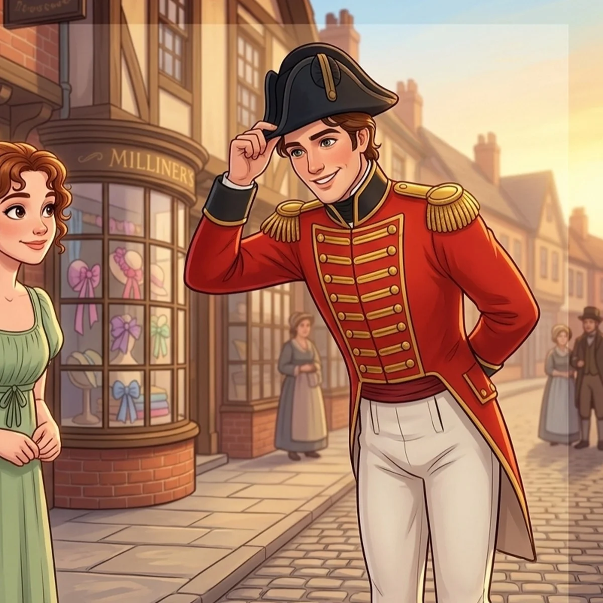 Mr. Wickham in a red soldier’s coat, tipping his hat in town