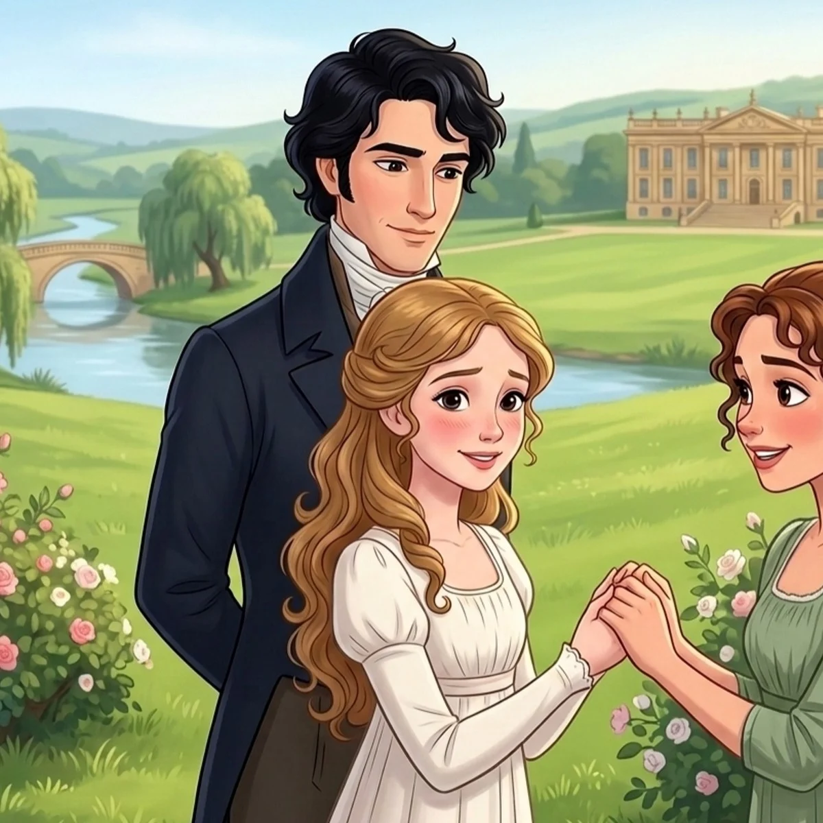 Georgiana Darcy in a white dress, holding Elizabeth’s hands by a river
