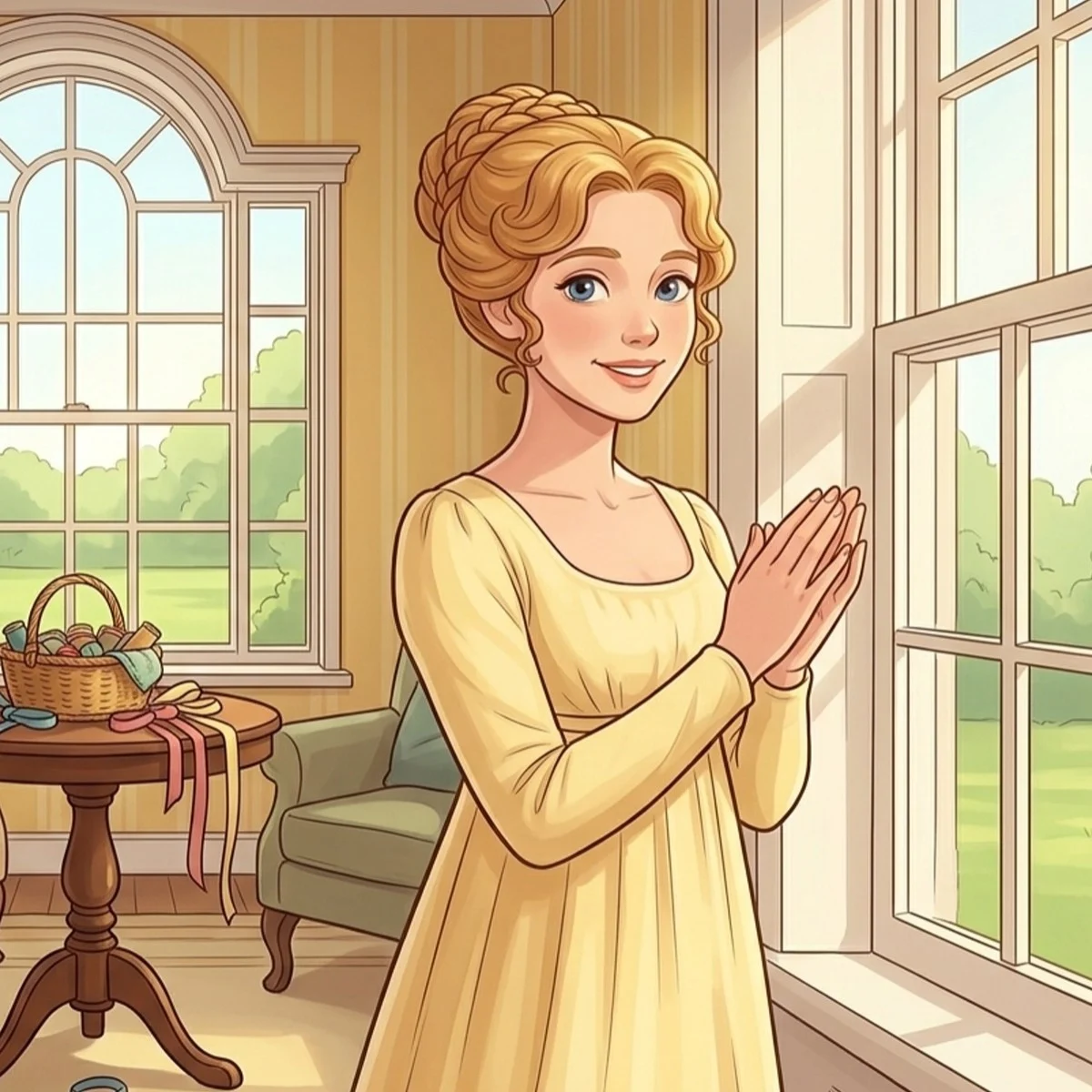 Jane Bennet in a yellow dress, smiling by a sunny window