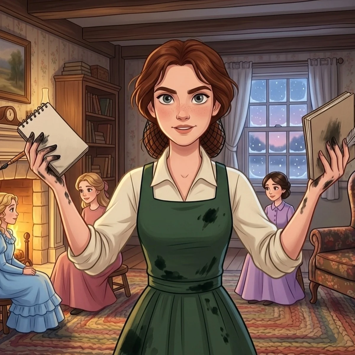 Jo March in a green pinafore, holding up a notebook and quill by the fire