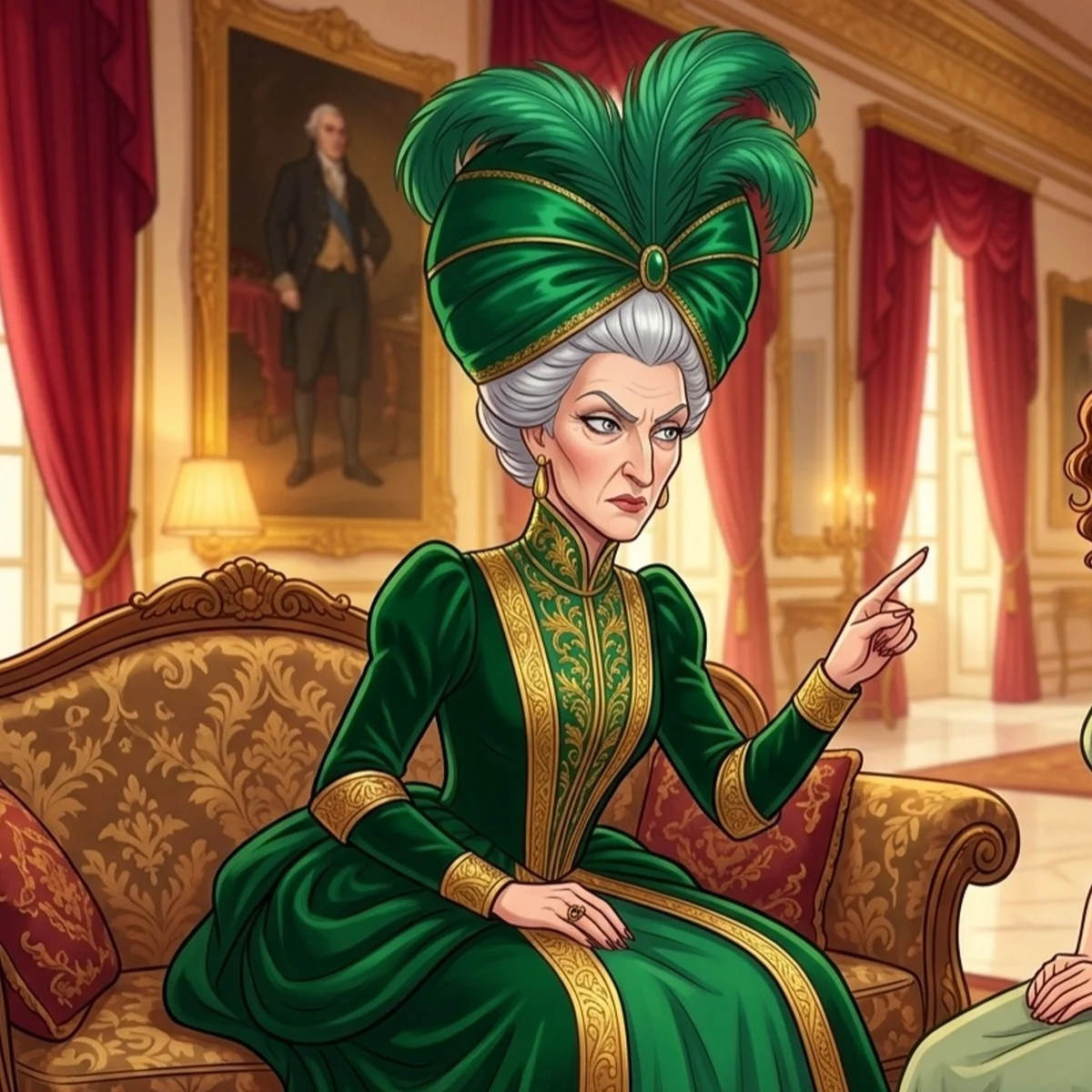 Lady Catherine in a green gown and feathered hat, pointing sternly