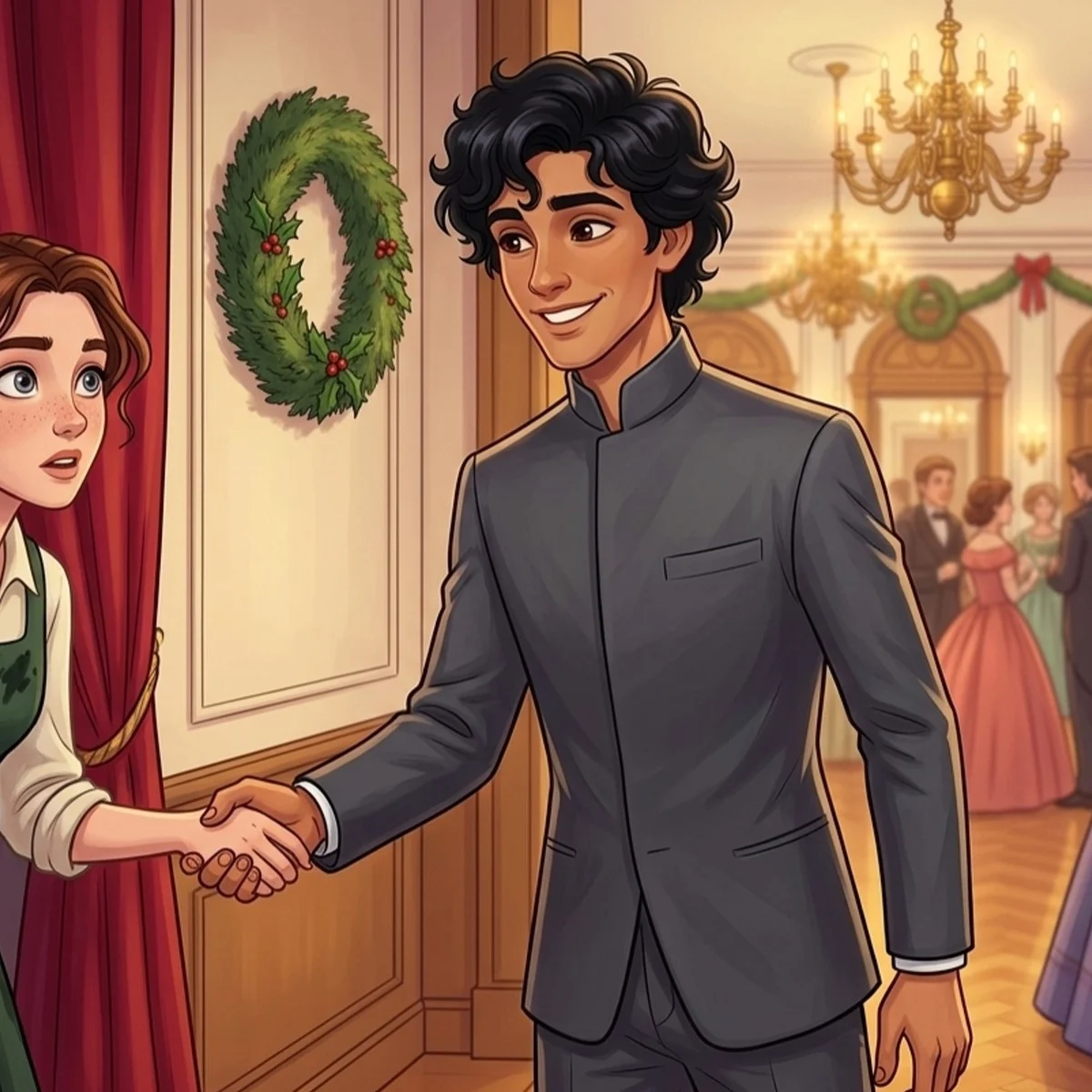 Laurie in a gray jacket, shaking Jo’s hand at a party