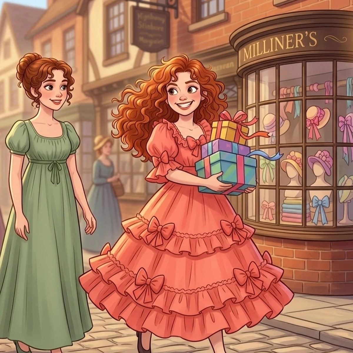 Lydia Bennet in a ruffled coral dress, carrying ribbon boxes in town