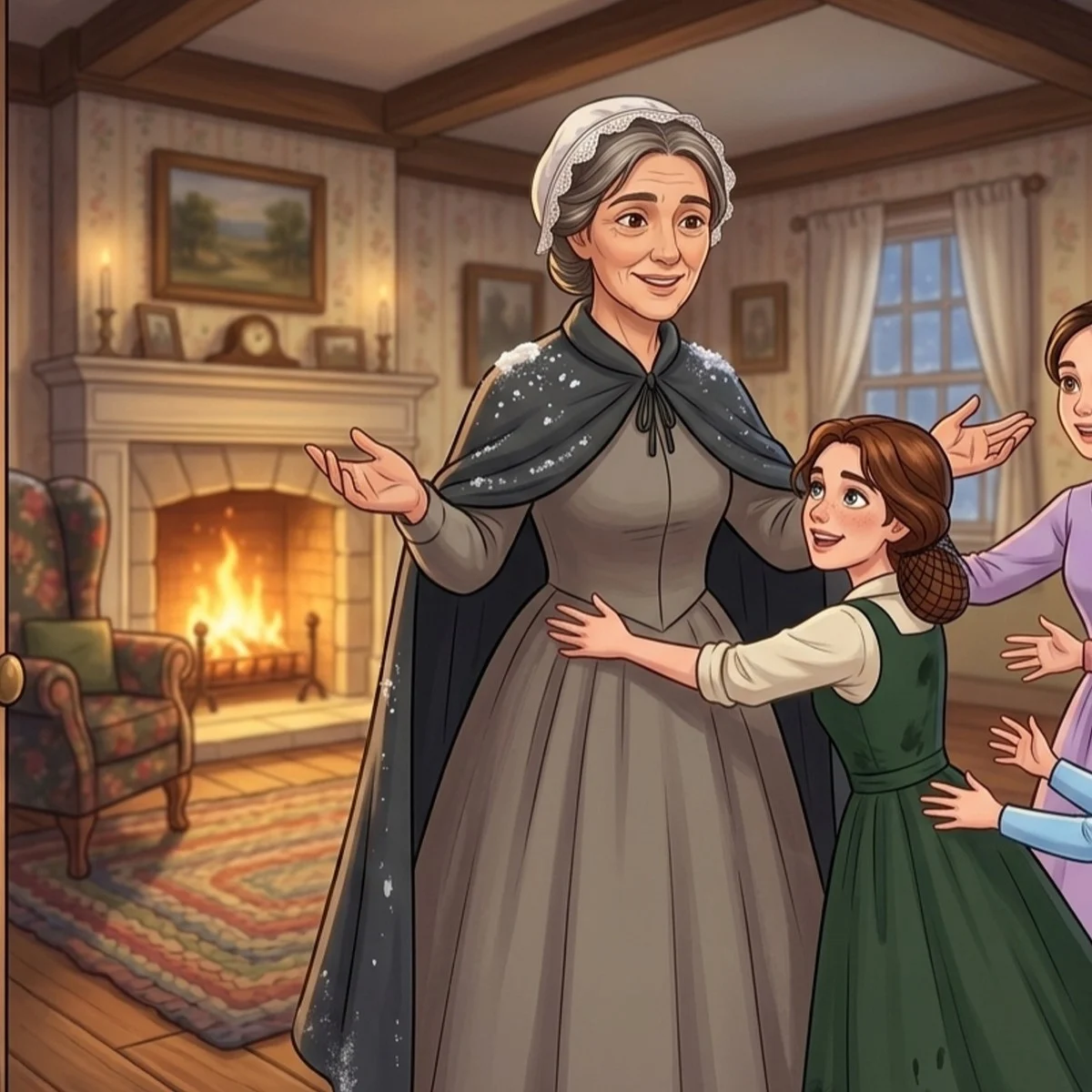 Marmee in a gray dress and cape, welcomed home by her daughters