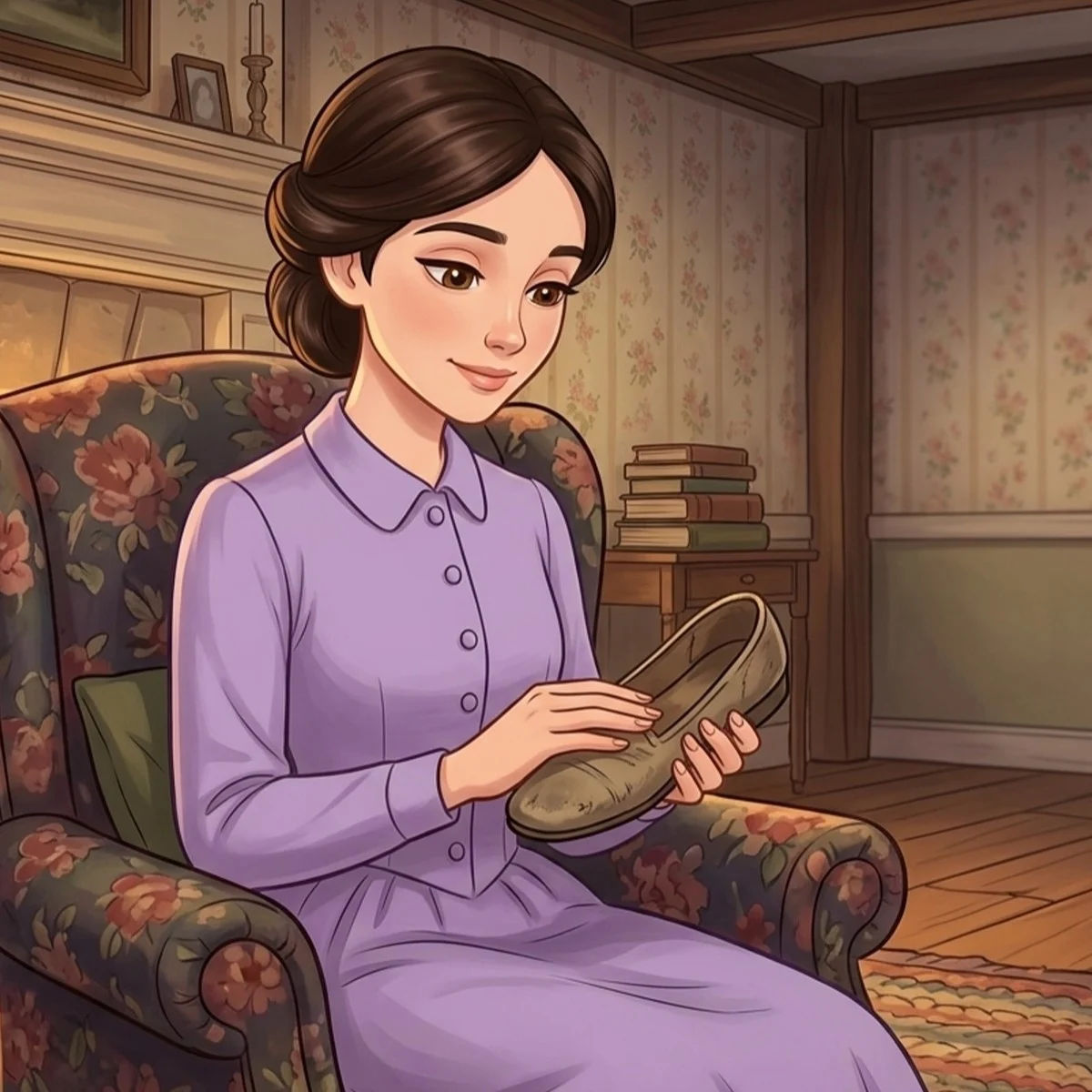 Meg March in a lilac dress, mending a slipper in an armchair