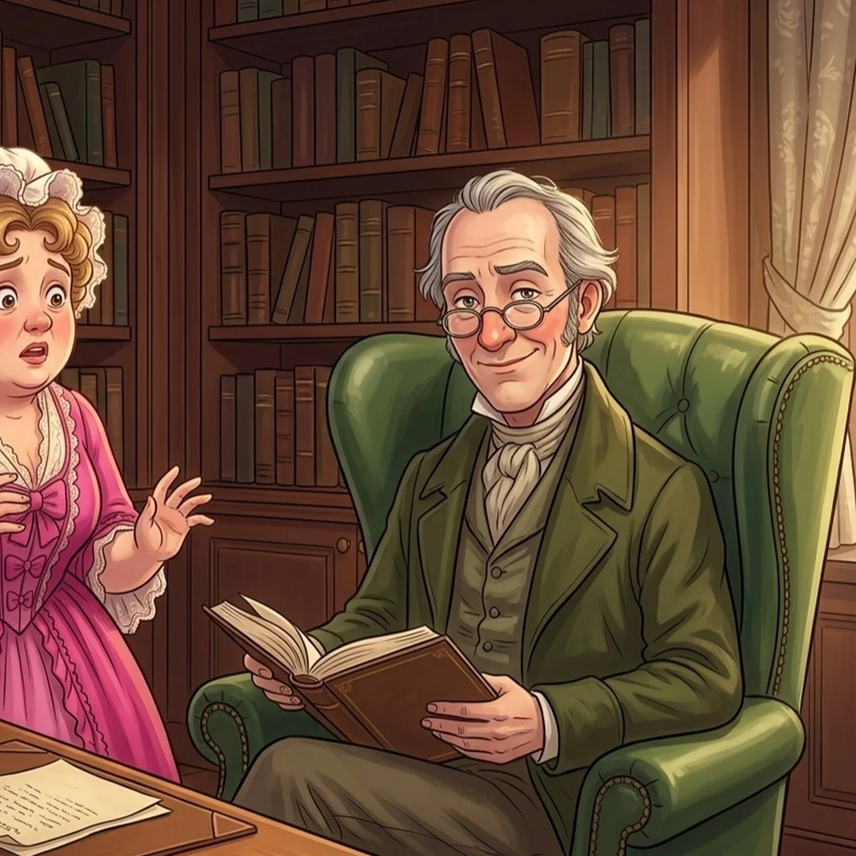 Mr. Bennet smiling in his armchair with a book in his study
