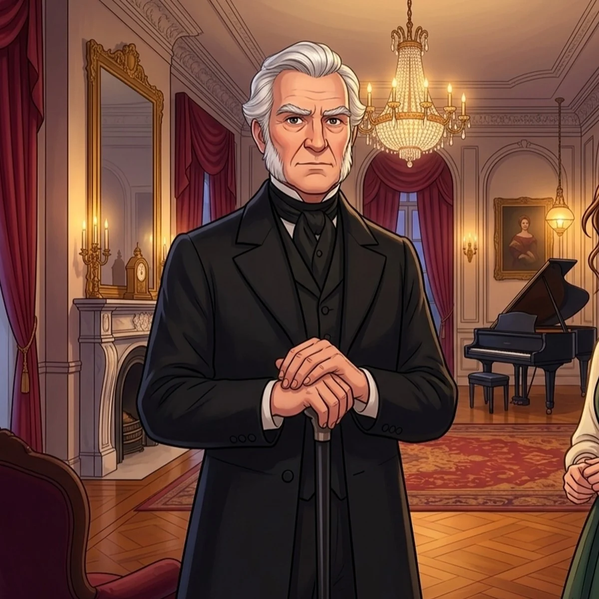 Mr. Laurence in a black suit, leaning on his cane