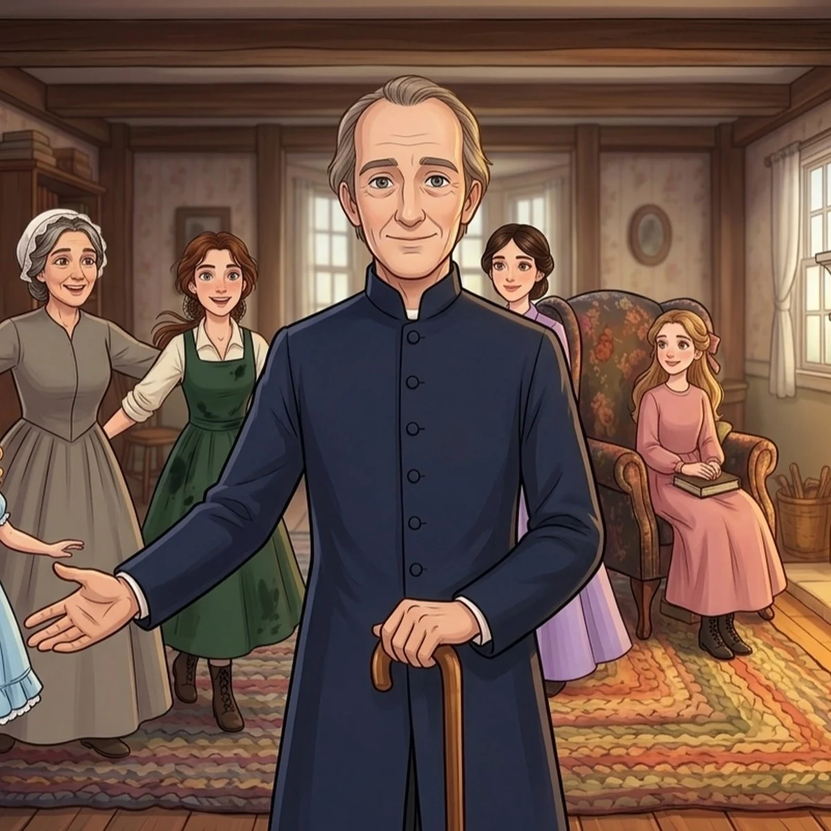 Mr. March in a dark coat with a cane, greeted by his family