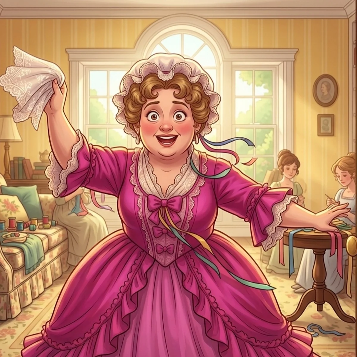 Mrs. Bennet in a pink gown, waving a lace handkerchief in the parlor