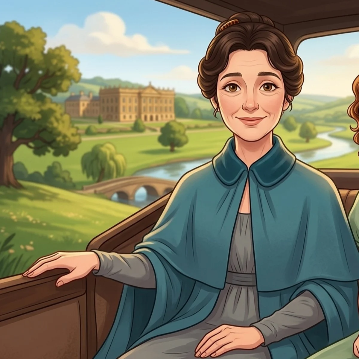 Mrs. Gardiner in a blue cape, riding in a carriage with Elizabeth