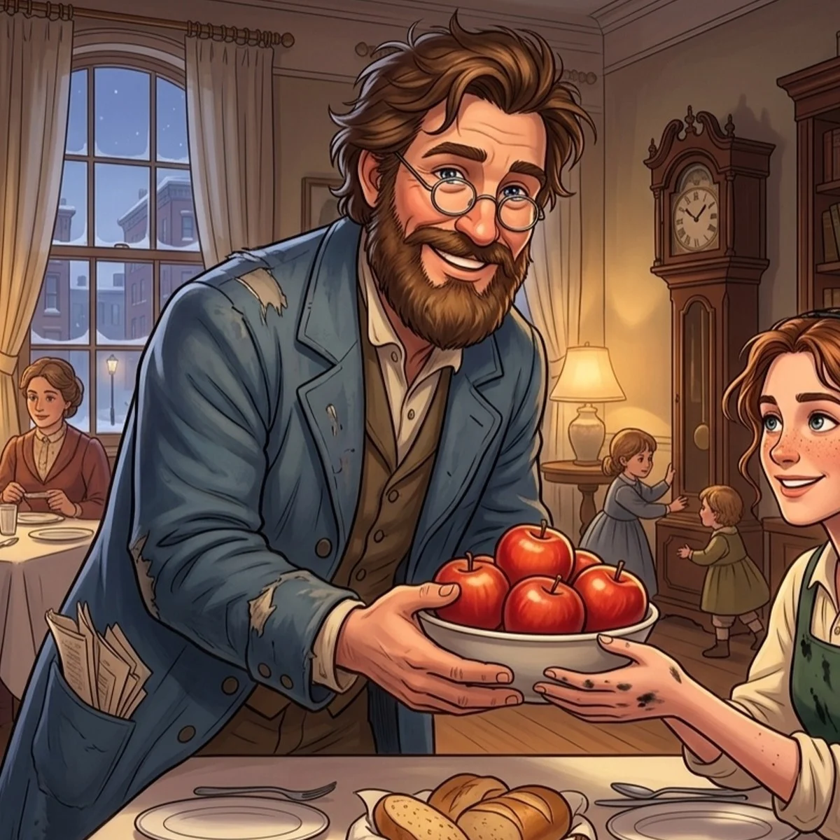 Professor Bhaer, bearded and smiling, offering a bowl of apples