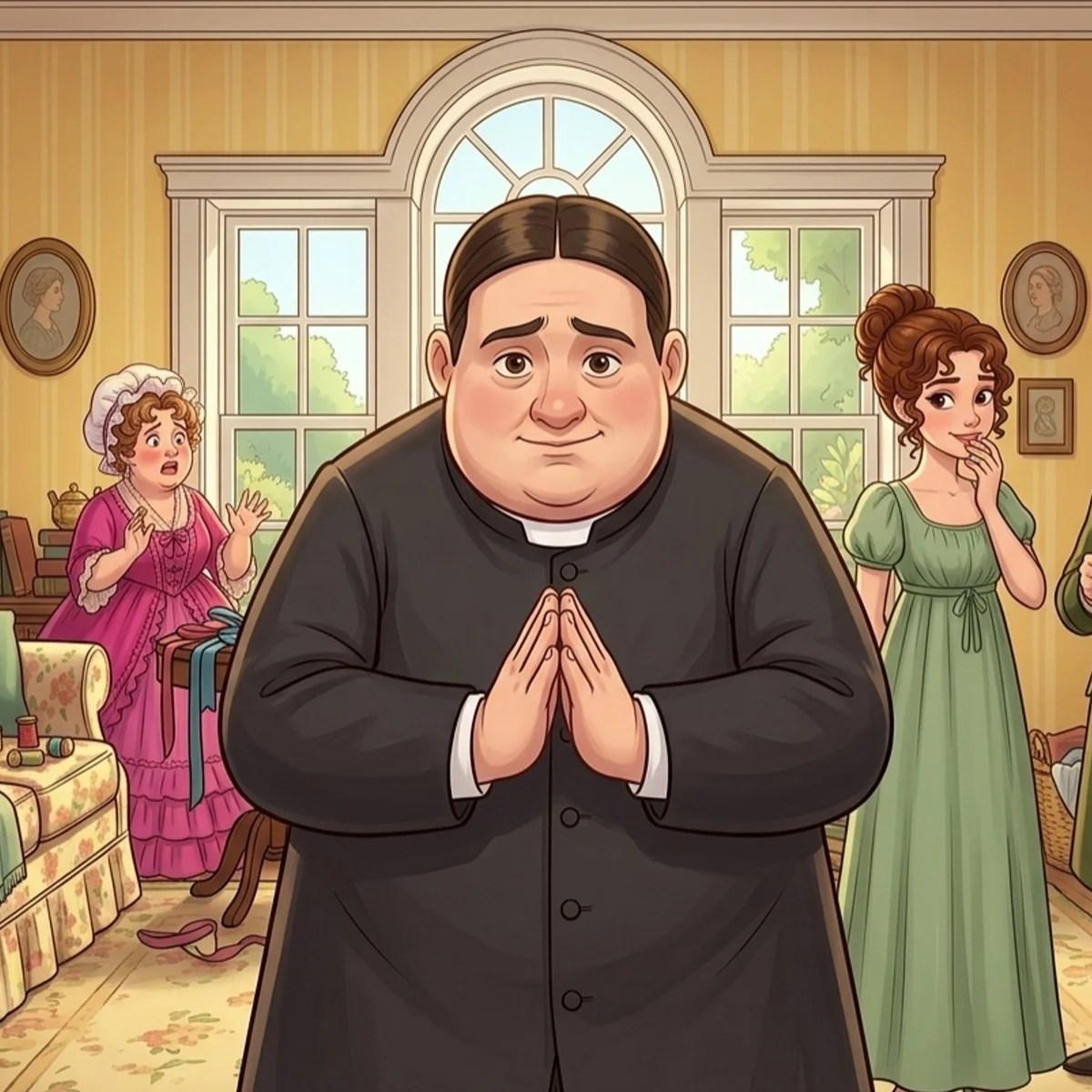 Mr. Collins in black clergyman’s clothes, hands pressed together