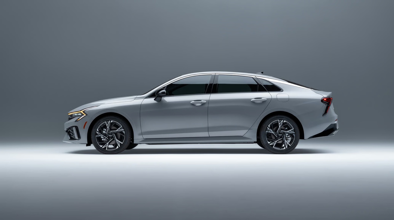 Kia K5 AWD grise vue de profil en studio, berline intermédiaire à traction intégrale au design moderne et aux performances équilibrées.