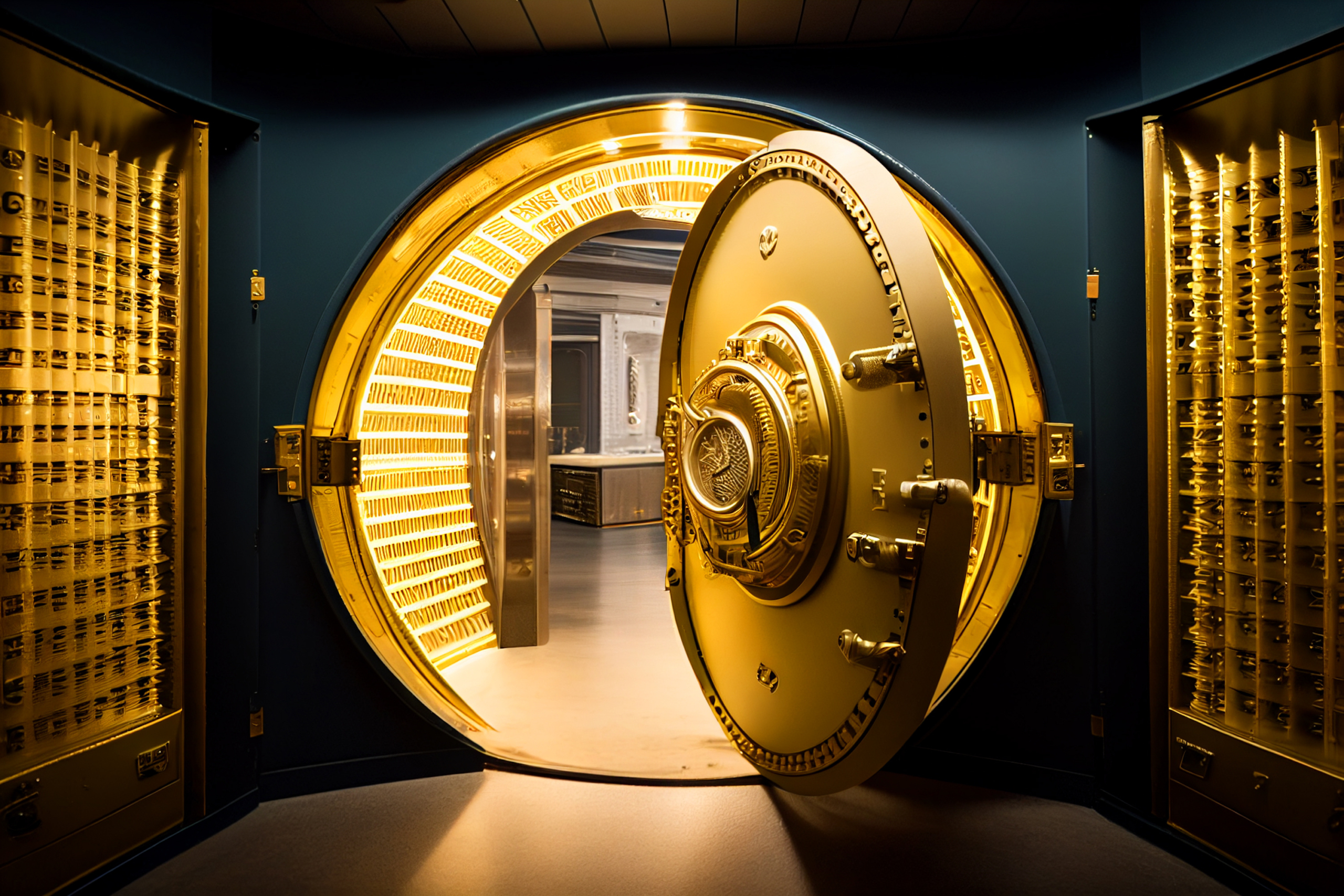 A heavy, circular golden door of a bank vault, slightly ajar, with gold bars visible inside.