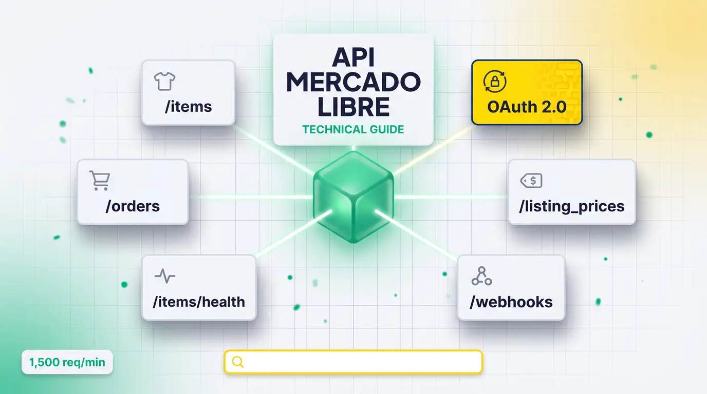 Diagrama de endpoints y flujo OAuth de la API Mercado Libre para vendedores