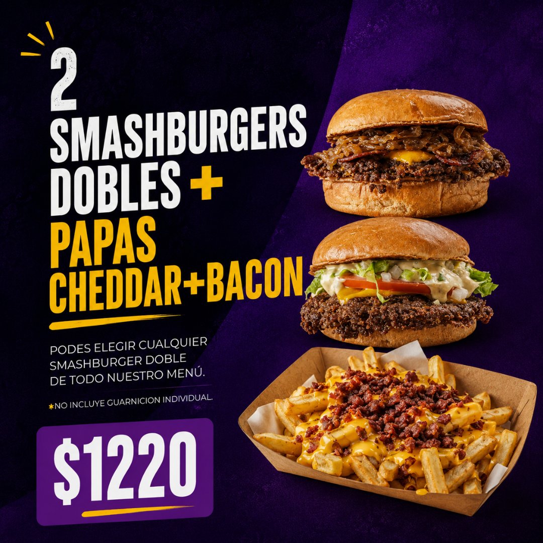 2 burgers + papas cheddar y bacon