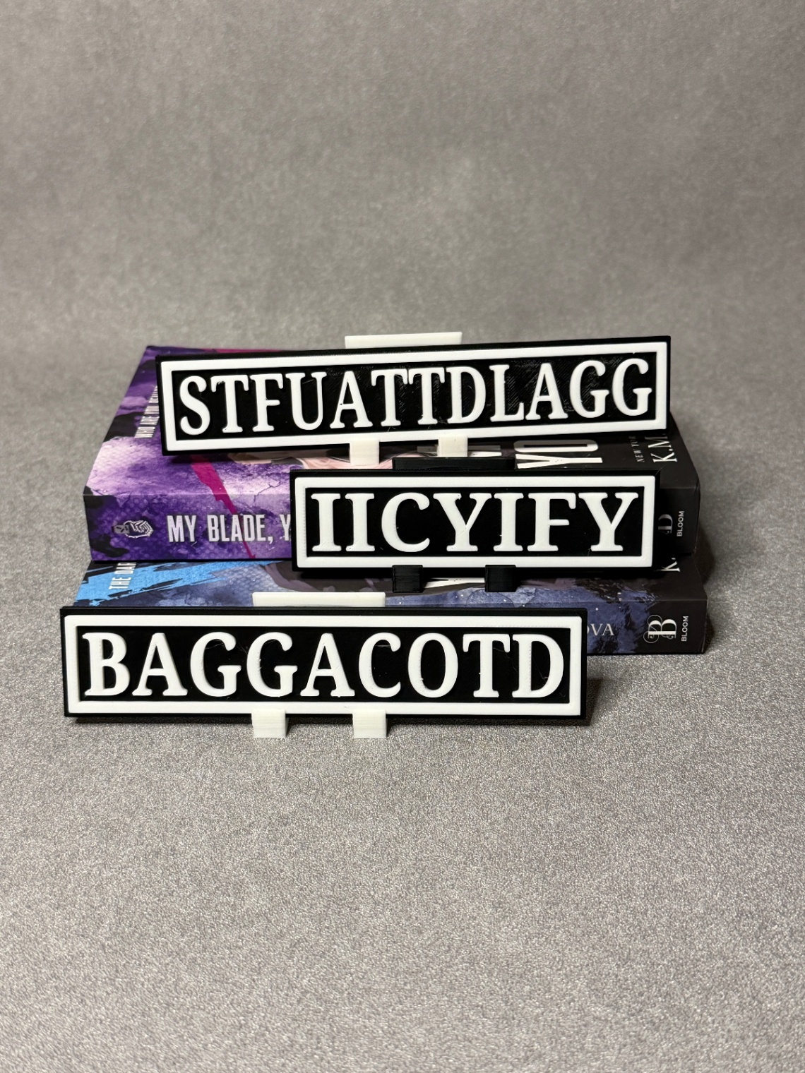 Lentynos ženklai „BAGGACOTD / STFUATTDLAGG / IICYIFY“