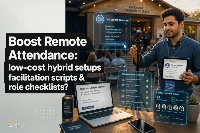 Boost remote attendance at recurring meetups: low-cost hybrid setups, facilitation scripts and role checklists