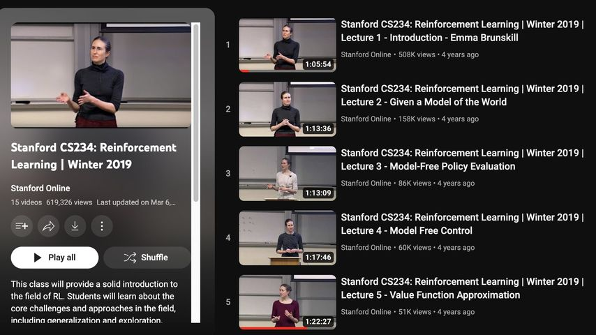 Stanford CS234: Reinforcement Learning