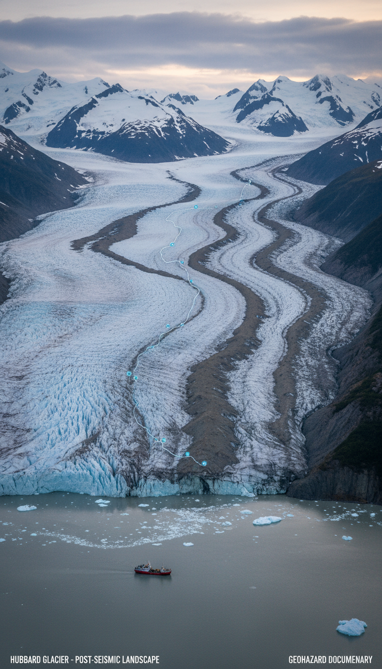 There were no casualties because it was so remote, but this was still a huge geologic event. Aftershocks kept tracing a coarse line beneath Hubbard Glacier, and some debris remained visible on the ice months later.