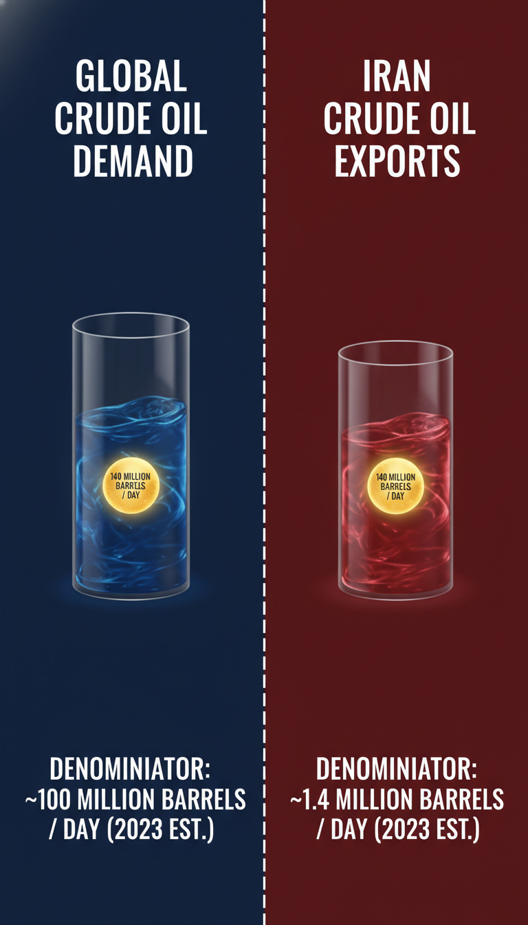 Now switch the comparison. Iran exports roughly 1 to 2 million barrels a day, so that same 140 million barrels looks more like two to three months of its own exports. Same oil, different baseline, different meaning.