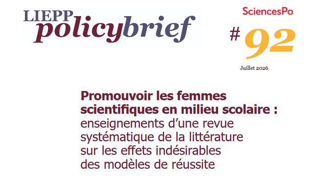 Couverture du Policy Breif n°92 : "Promouvoir les femmes scientifiques en milieu scolaire : enseignements d’une revue systématique de la littérature sur les effets indésirables des modèles de réussite"