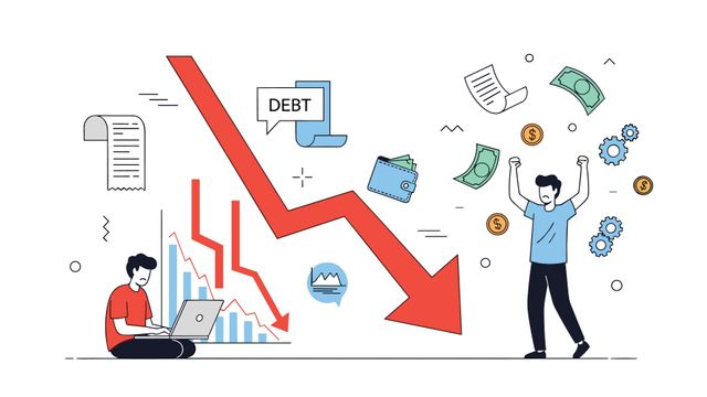 Financial downturn economic crisis market crash investment loss business decline and individual financial struggles leading to debt and uncertainty with hopeful recovery amidst falling charts