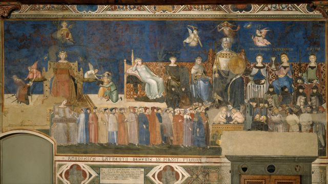 « Allégorie et effets du Bon et du Mauvais Gouvernement », (1338 - 1339), ensemble de fresques d’Ambrogio Lorenzetti au Palazzo Pubblico de Sienne.