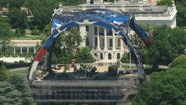 WASHINGTON, DC - May 31, 2026: Construction of an Octagon set for the UFC Freedom 250 event scheduled for June 14, 2026, continues on the White House South Lawn.