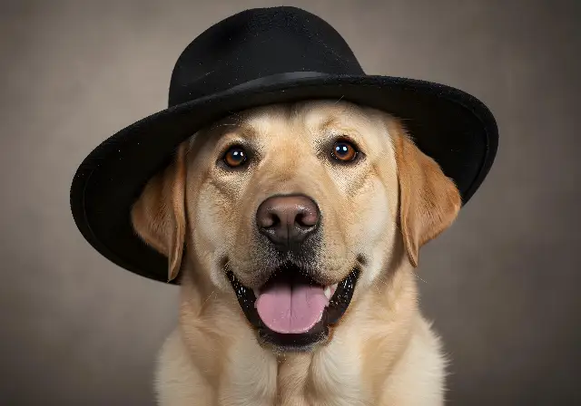 Smiling Labrador Retriever Wearing a Black Hat