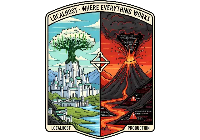 Developer Humor: Localhost vs Production Cartoon Graphic - classic - width: 5120px, height: 3584px