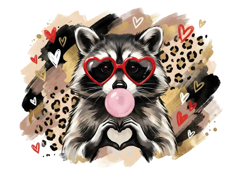 Raccoon Heart Glasses Bubblegum Graphic – Playful Leopard Print Art