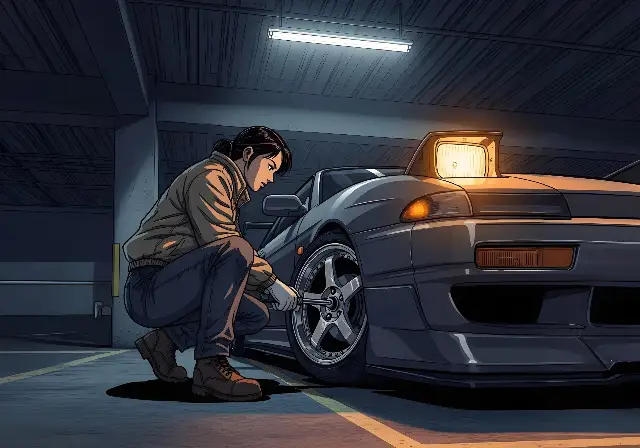 Anime Woman Mechanic Changing Sports Car Tire Illustration - classic - width: 5120px, height: 3584px