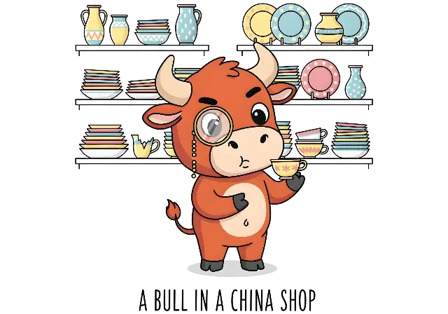 Cartoon Bull in a China Shop Humorous Pun Graphic for Gifts - classic - width: 5120px, height: 3584px