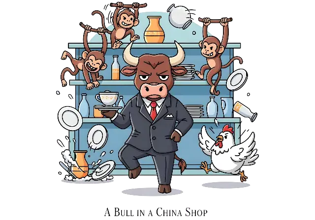 Cartoon Bull in a China Shop Scene Humorous Illustration - classic - width: 5120px, height: 3584px
