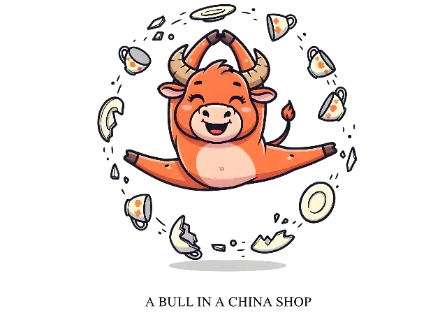 Cartoon Bull in a China Shop Doing Splits Illustration - classic - width: 5120px, height: 3584px