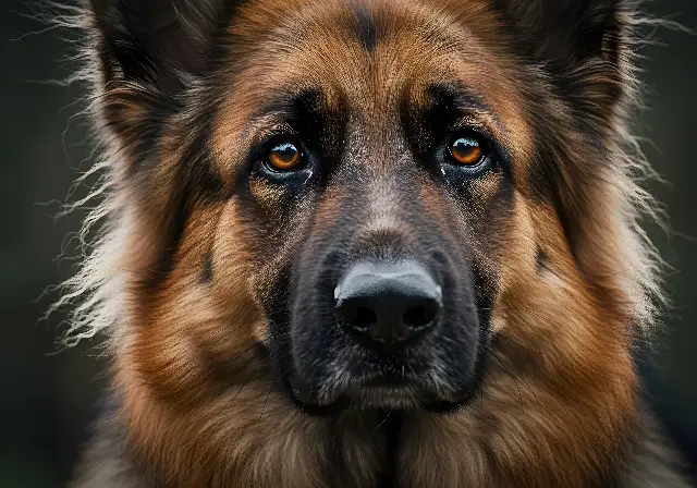 German Shepherd portrait with soulful eyes and soft fur in natural light