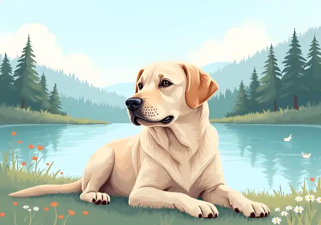 Peaceful Labrador by the Lakeside in a Forest