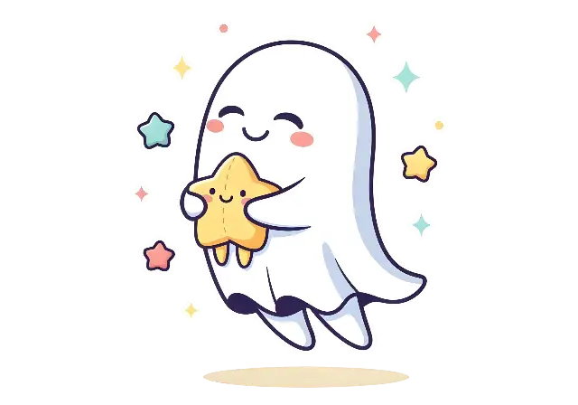Kawaii Chibi Ghost Holding Star Graphic for Cute Aesthetics - classic - width: 5120px, height: 3584px