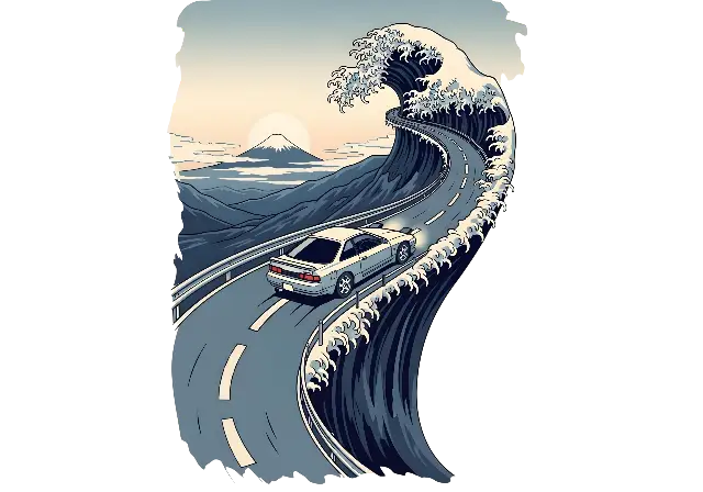 Pixel Art JDM Car on Wave Road with Mount Fuji Illustration - classic - width: 5120px, height: 3584px