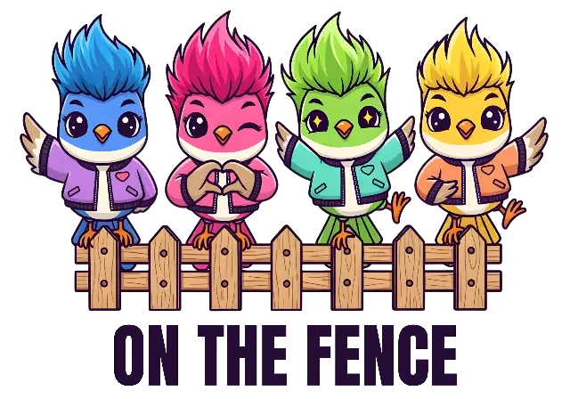 Cute Cartoon Rockabilly Birds on Fence Illustration - classic - width: 5120px, height: 3584px