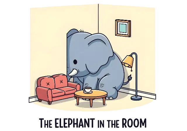 Humorous Cartoon Elephant in the Room Idiom Illustration