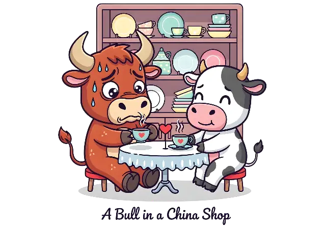 Cute Cartoon Bull and Cow Tea Party in China Shop Illustration - classic - width: 5120px, height: 3584px